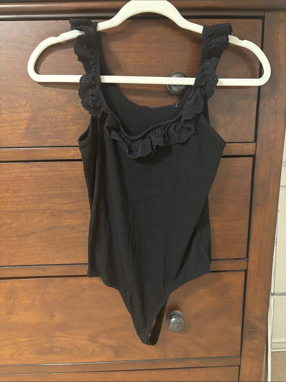Elodie Black Ribbed Ruffle-Strap Bodysuit